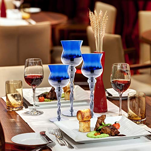 Tulip Hurricane Candle Holders Set of 3, Blue & Silver Glass Twisted Long Stem for Tealight, Votive and Pillar Candles - Home Decor, Wedding Accent, Event or Party Centerpiece - Thumbnail 4