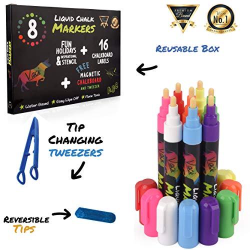 Chalk Markers by Vaci, Pack of 8 + Christmas Drawing Stencils + 16 Labels, Premium Liquid Chalkboard Neon Pens, Including Stencil,Tweezers and Magnetic Chalkboard, Bullet or Chisel Reversible Tips - Thumbnail 4