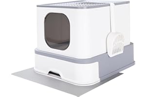 RIZZARI Large Foldable Top Entry Cat Litter Box with Lid,Anti-Splshing Kitty Litter Pan Easy Cleaning and Scoop (Upgrade,Light Gray)