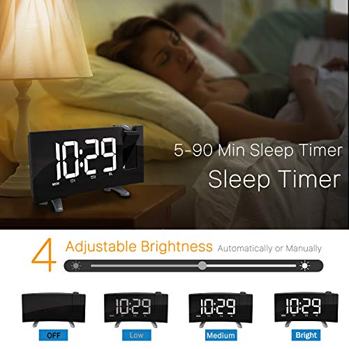 CSHID-US Projection Alarm Clock, 7'' Dimmable LED Curved Screen Digital Clock, FM Radio Alarm Clock, Adjustable Ceiling Sleep Timer for Kids Bedroom, Dual Alarms, 12/24 Hour, Snooze Function