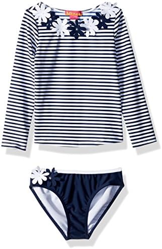 Kate Mack Little Girls' Daisy Crew Rashguard and Bikini, Navy/White, 6