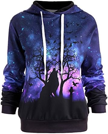 Women Crop Top Warm Hoodie Galaxy Wolf Print Teen Girl Jumper Sweatshirt Pullover