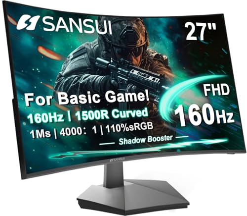 SANSUI 27 Zoll Curved Gaming Monitor 160Hz Curved Computer Gaming Monitor 1500R FHD 1080P 4000:1 110% sRGB, FPS/RTS, 1Ms MPRT|FreeSync|HDR|Low Blue Li