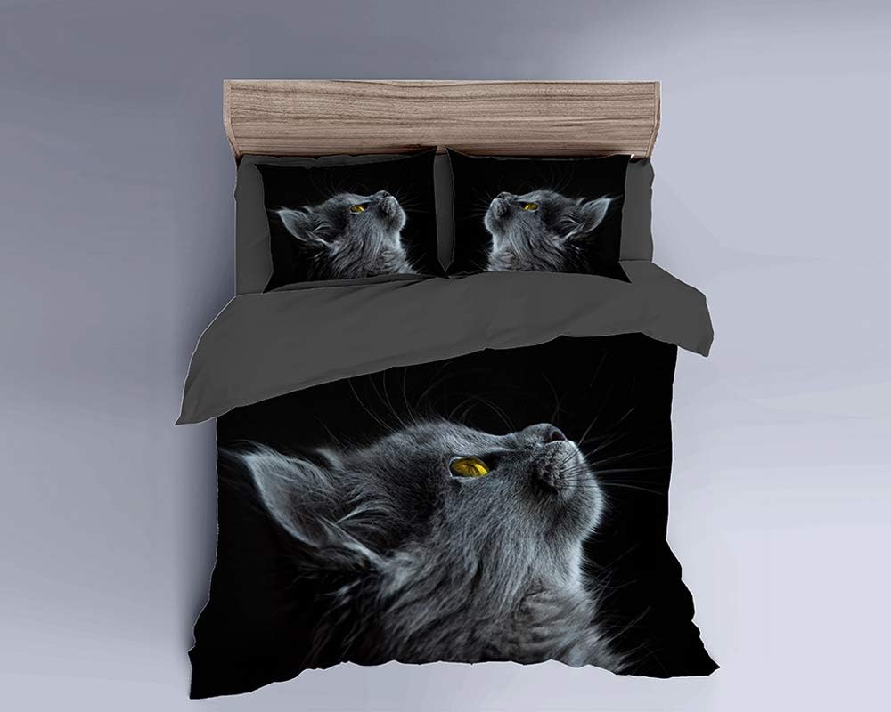MILDLY Duvet Cover Sets 3 Pieces Brushed Mircrofiber Fabric Duvet Cover Full Size Zipper Closure with Two Pillow Case Black Cat Animal Pattern Digital Printed