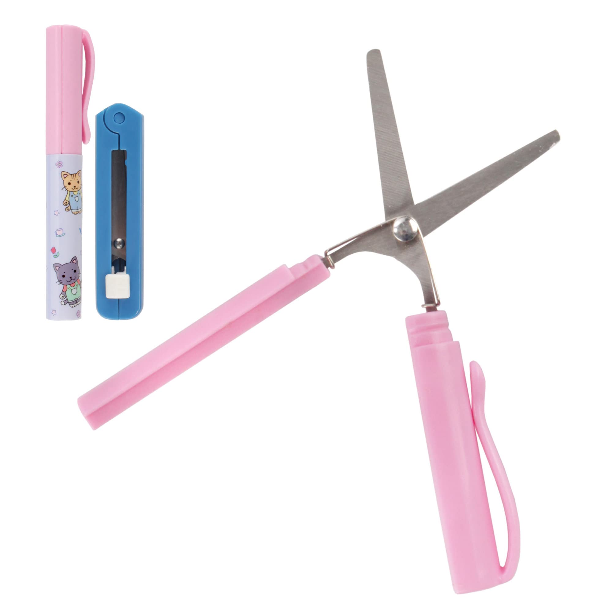 Compact Scissors Set - Pen and Push Portable Scissors - Garden Kitty & Dark Blue - 1 Pair Each