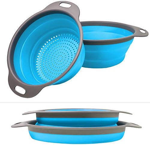 Collapsible Colanders 2 Sets by Fihco, Over the Sink Colander [8" - 2 Quart and 9.5" - 3 Quart], Fruit &amp; Pasta &amp; Vegetable Strainer for Kitchen [Blue]