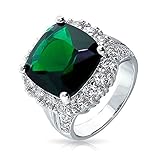 Bling Jewelry 7CT Cubic Zirconia Green Simulated Emerald Cut Fashion CZ Cushion Cut Statement Ring for Women Silver Plated Brass