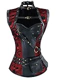 Charmian Women's Retro Goth Spiral Steel Boned Brocade Steampunk Bustiers Corset with Jacket and Belt Black/Red XXXX-Large