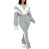 Vssjavun Women 2 Piece Outfit Color Block Long Sleeve Zip Drawstring Cropped Jacket Bodycon Long Pants Set Sweatsuit