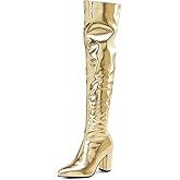 YIYA Women's Metallic Over the Knee High Boots Pointed Toe Chunky Mid Heel Thigh High Fashion Dress Boots Zipper Long Boots