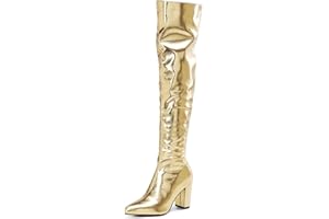 YIYA Women's Metallic Over the Knee High Boots Pointed Toe Chunky Mid Heel Thigh High Fashion Dress Boots Zipper Long Boots