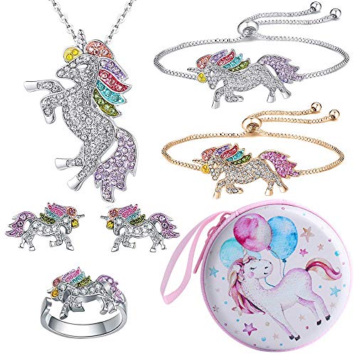 Hicdaw 7PCS Necklace for Unicorn Jewelry Set Include Bracelet Stud Earrings Coin Purse Ring Gift for Girls