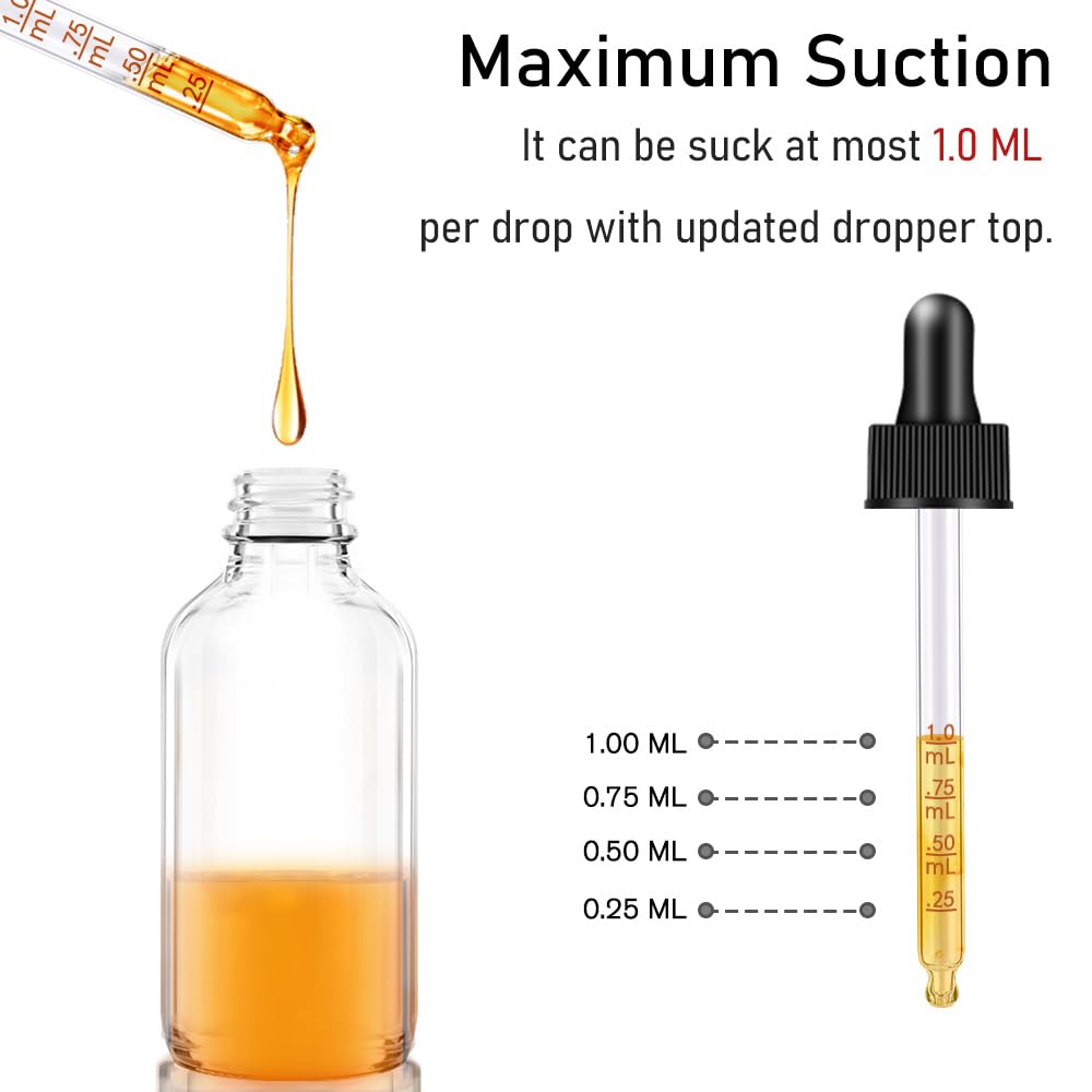 Bumobum 2 pack Dropper Bottle 2 oz, Clear Glass Eye Dropper Bottles for Essential Oils with Labels and Funnel, Leakproof Tincture Bottles with Measured dropper