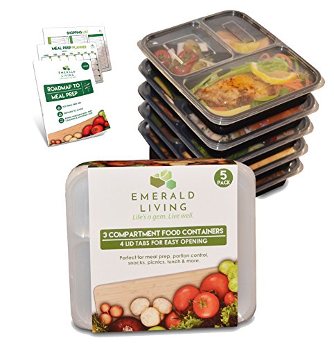 Emerald Living 5 Piece 3 Compartment BPA Free Meal Prep, Reusable Plastic Food Storage Containers with Lids, Stackable, Microwavable, Freezer and Dishwasher Safe Lunch Box Set and EBook, 36 oz.