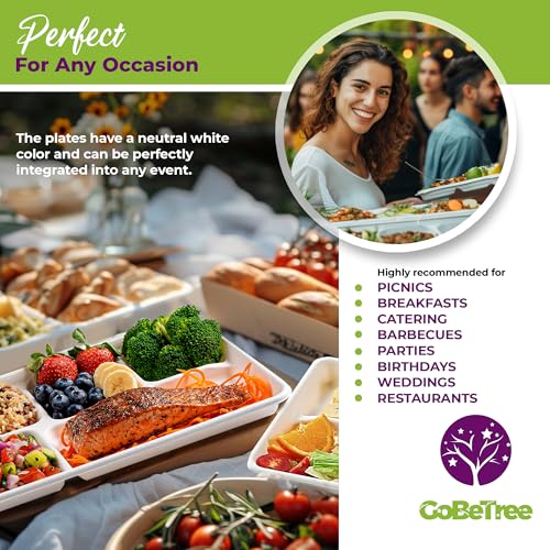 GoBeTree 100 x 26cm Disposable Plates with 5 Compartments Sugarcane Plates Heavy Duty Disposable Tableware White