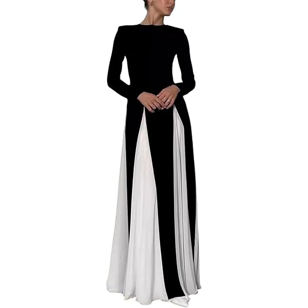 NUFIWI Women's Elegant Color Block Pleated Maxi Dress Long Sleeve