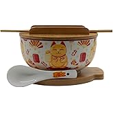 XWORLD Japanese Ceramic Ramen Noodle Bowls Set with Ceramic Spoon, Bamboo Chopsticks, Lid & Trivet, Serving Capacity of 33.8 OZ, Microwavable Oven Safety (3.3” x 6.6” D) (Lucky Cat)