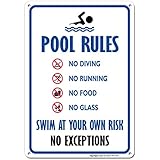 Pool Rules Sign, No Diving No Running No Food No Glass, 10x14 Inches, Rust Free .040 Aluminum, Fade Resistant, Made in USA