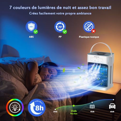 Portable Mobile Air Conditioner, 1100ML Air Cooler with 3 Air Speeds & 3 Cooling Mists, 2-8H Timer & 7 LEDs, USB Mobile Clim for Bedrooms, Apartments and Offices