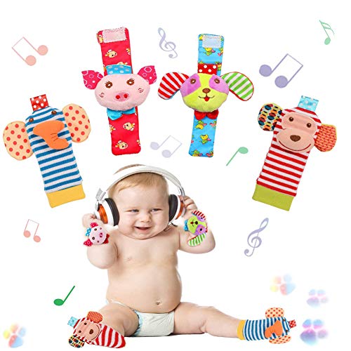 Bloobloomax Baby Soft Rattle, 4 Cute Animal Baby Infant Wrists Rattle and Foot Rattles Finders Socks Set Developmental Soft Toys for Newborn - Thumbnail 7