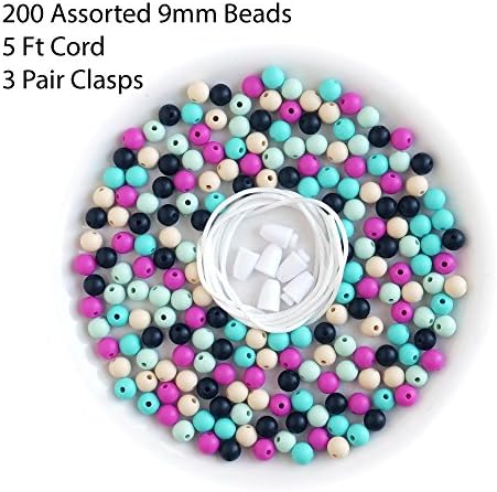 200 Assorted 9mm DIY Silicone Teething Beads, Silk Cord and Clasp Baby-safe Jewelry- FDA Proof, BPA-Free, Lead-Free, Phthalates-Free, Teething Necklace for Mom &amp; Baby (9mm-200 Assorted Beads)