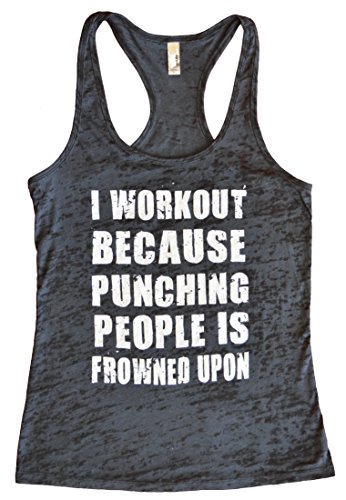 I Workout Because Punching People is Frowned Upon Funny Womens Tank Top Funny Threadz (Medium, Black Tank / White Ink)