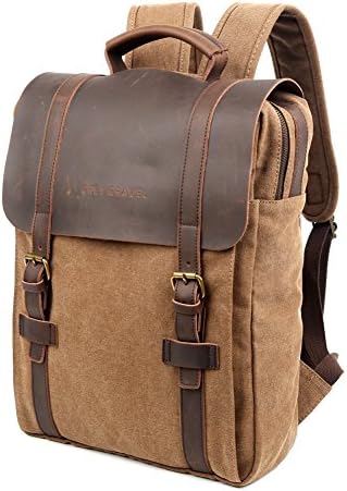 Grey Gravel Canvas Backpacks Vintage Rucksack Casual Leather Travel Bag Daypacks 15" Laptop for College School Bookbag (Brown)