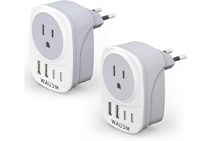(Two in a Box) Europe Travel Plug Adapter, WAUDM, USA to Europe Plug Adapter, 4 USB Ports (2 USB-C) EU Type C Adapter Converter for Italy, Spain, France,Portugal, Iceland, Germany