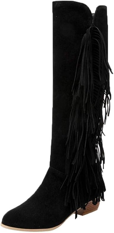 black fringe knee high boots