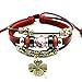 MORE FUN Charm Flower Bead Silver Tone Tube Leather Adjustable Length Wrap Bracelet (Four Leaf Clover)