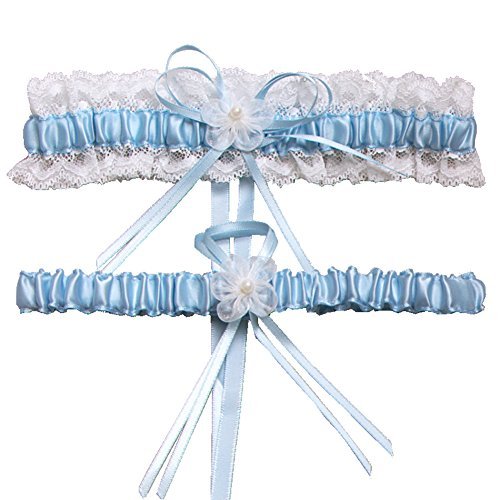 RIMOBUL 2 Pieces Wedding Garters Lace Bridal Garter Faux Pearls Garter for Bride with Toss Away（Baby Blue）