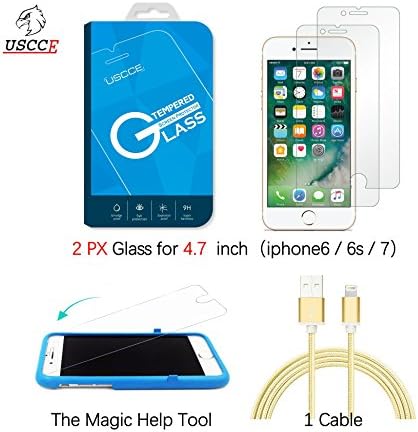 iPhone 7/6S/6 USCCE One Step Magic Tempered Glass Screen Protector, One Second Installation, 9H Hardness, Bubble Free, Crystal Clear, 3D Touch Compatible. (2-Pack for 7/6S/6 Include Lightning Cable)