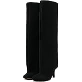 VOZTOLLS Women's Knee High Suede Boots for Women Wide Calf Square Toe Stiletto Heels Tall Boots Pull On High Heel Long Booties