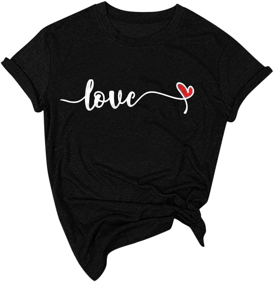 Moonuy Valentine's Day T-Shirt for Women Love Heart Print Short Sleeve Round Neck Tops Shirt Blouse Tees Tops