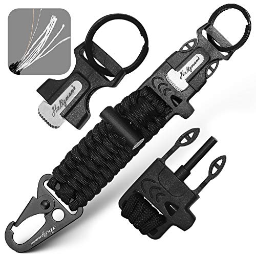 Fire Starter Paracord Keychain 9-in-1 Key Chain Lanyard with Carabiner for Camping, Fishing, Hunting & Outdoor Emergencies | Multipurpose Survival Tool W/Emergency Whistle, Flint Rod, Cutting Tool