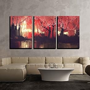 3 Piece Canvas Wall Art - Night Scene of Autumn Forest,Fantasy Landscape Painting - Modern Home Art Stretched and Framed Ready to Hang - 16"x24"x3 Panels