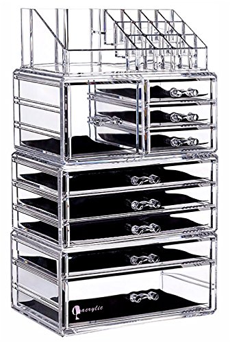 Cq acrylic Large 9 Tier Clear Acrylic Cosmetic Makeup Storage Cube Organizer 9 Drawers. It Consists 4 Separate Organizers, Each Which Can be Used Individually -9.5"x6.5"x14.5"