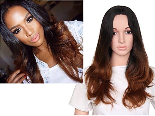 Fashion Long Wavy Ombre Wigs Natural Black To Brown Synthetic Wigs For Women Heat Resistant Party Wigs 23 inch (Ombre Brown)
