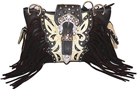 Premium Rhinestone Butterfly Buckle Tooled PU Leather Women's Concealed Carry Fringe Handbag and Texas West Coin Collection in 4 Colors (Brown)