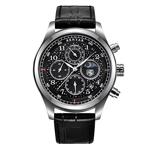Men's Leather Quartz Watches Chronograph Waterproof Date Display Black Starry Sport Wrist Watches