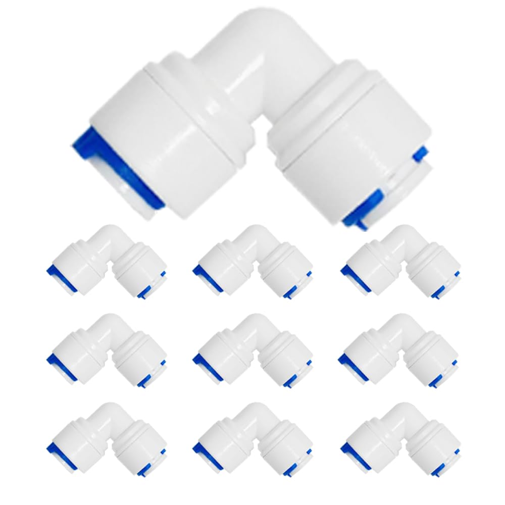 RO Water Filter Fitting, Elbow Quick Connector for 1/4 Inch (6.5 mm) Hose, Fridge Hose, Water Hose, Pack of 10