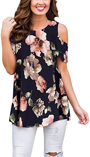 XUERRY Women's Swing Floral Print Casual Cold Shoulder Tunic Tops Short Sleeve Loose Blouse Shirts