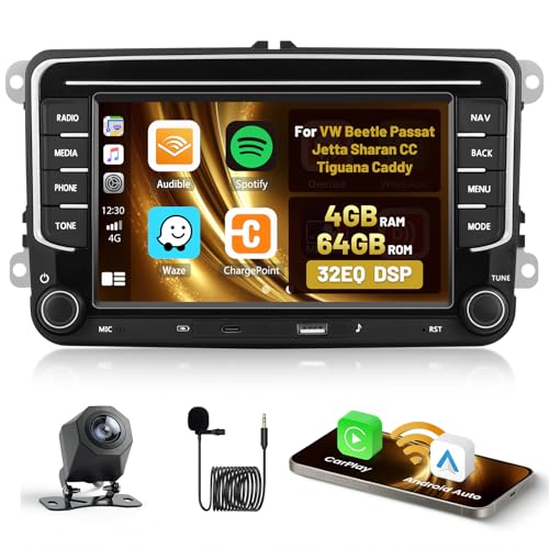 Roinvou 4+64G Radio Coche para VW Beetle Passat Jetta Sharan CC Tiguana Caddy Carplay Inalámbrico Android Auto, Android Pantalla Radio Coche 7'' MirrorLink Bluetooth WiFi GPS 32EQ RDS/FM SWC Cámara