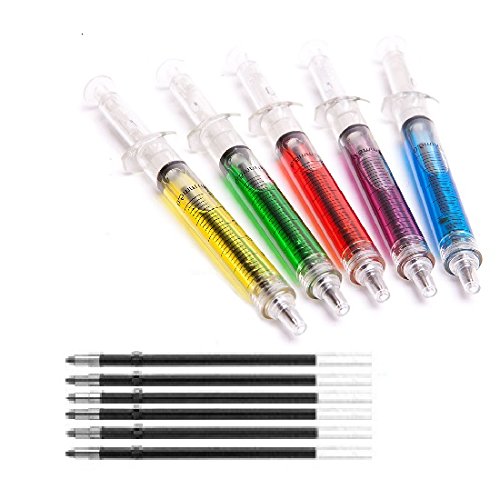 5 Novelty Syringe Pens with Mixed Barrel Colours with 5 Extra Refills Ideal for Nurses, Costumes, Fancy Dress, Halloween