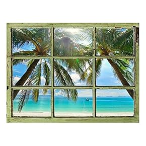 Window View Wall Mural - Palm Tree and Calm Tropical Sea - Vintage Style Wall Decor - Peel and Stick Adhesive Vinyl Material - 24x32 inches