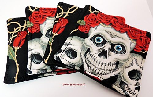 Skulls and Roses handmade Drink Coasters set of 4 R-S-3 Black and Red, Blue Eyes, Day of the Dead, Dia De Muertos