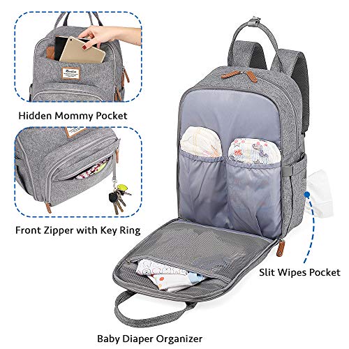 Diaper Bag Backpack, Large Capacity Unisex Nappy Changing Bags for Boys and Girls Waterproof Multifunction Travel Back Pack for Mom and Dad, Gray