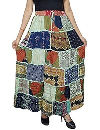Women's Maxi Skirt Green Tribal Ethnic Patchwork Rayon Long Skirts S/M