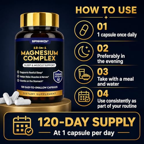 Spnhkov Suplemento Complejo de Magnesio 12 en 1 Spnhkqv: Cápsulas de Glicinato de Magnesio de Alta Absorción de 700 Mg para Mujeres y Hombres, Que Favorecen los Músculos, Los Nervios y el Sueño.