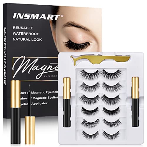 Photo 1 of Magnetic Eyelashes, 6 Pairs Magnetic Lashes, False Lashes with 2 Tubes of Magnetic Eyeliner, Magnetic Eyelashes Kit with Tweezers, Reusable, No Glue